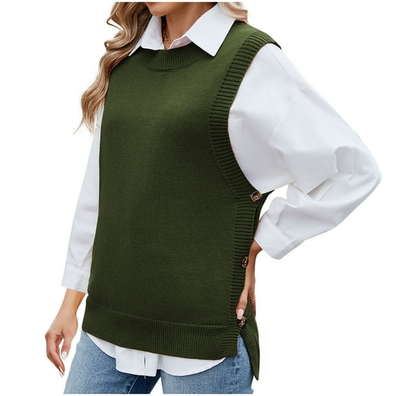 Maplenight Sweater Vests for Women Crew Neck Sleeveless Button Slit Pullover Knitted Tops Solid Color Relaxed Fit Tank Sweaters