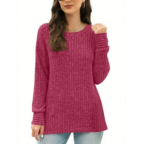 Maplenight Sweaters for Women Long Sleeve Shirts Crew Neck Ribbed Knit Pullover Side Slit Casual Tunic Tops