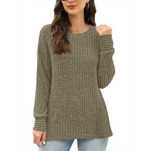 Maplenight Sweaters for Women Long Sleeve Shirts Crew Neck Ribbed Knit Pullover Side Slit Casual Tunic Tops