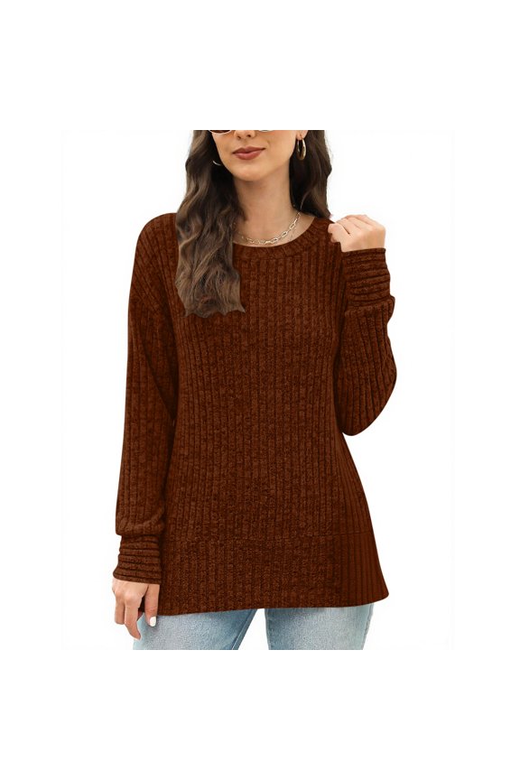 Sweaters for Women Long Sleeve Shirts Crew Neck Ribbed Knit Pullover Side Slit Casual Tunic Tops
