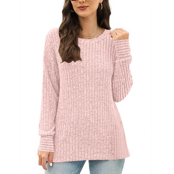 Maplenight Sweaters for Women Long Sleeve Shirts Crew Neck Ribbed Knit Pullover Side Slit Casual Tunic Tops