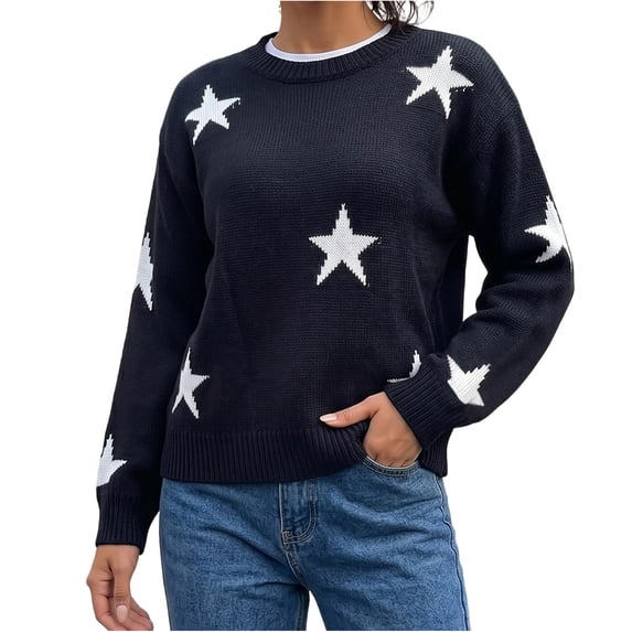 Maplenight Sweaters for Women Star Print Crew Neck Knit Pullover Long Sleeve Drop Shoulder Loose Fit Casual Fall Sweater
