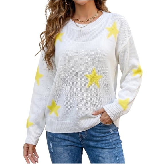 Maplenight Sweaters for Women Star Print Crew Neck Knit Pullover Long Sleeve Drop Shoulder Loose Fit Casual Fall Sweater