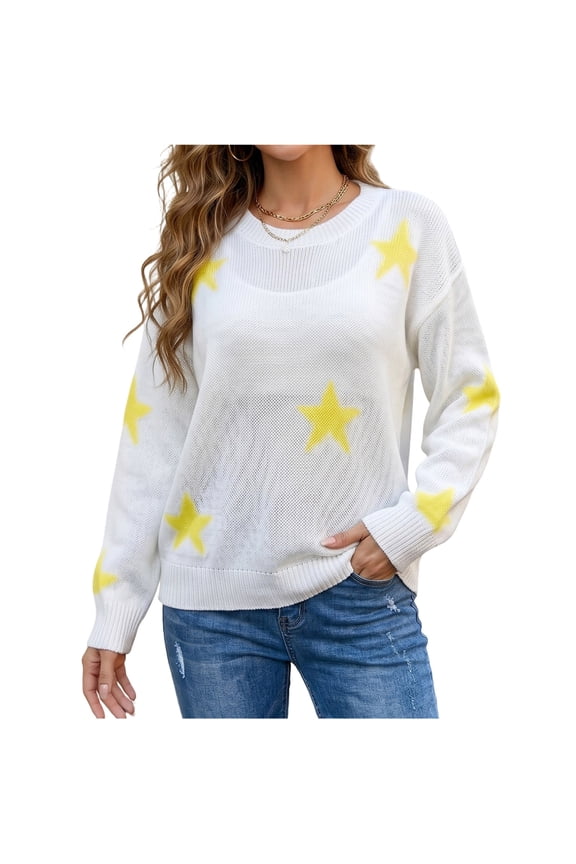 Sweaters for Women Star Print Crew Neck Knit Pullover Long Sleeve Drop Shoulder Loose Fit Casual Fall Sweater