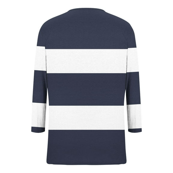 Maplenight T Shirts for Women 3/4 Sleeve V-Neck Striped Trendy Shirts Summer Fall Color Block Casual Comfy Womens Tops