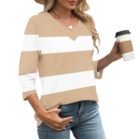 Maplenight T Shirts for Women 3/4 Sleeve V-Neck Striped Trendy Shirts Summer Fall Color Block Casual Comfy Womens Tops