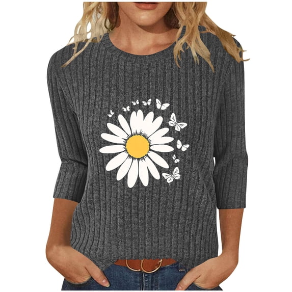 Maplenight T Shirts for Women Ribbed Knit 3/4 Sleeve Shirts Casual Crewneck Floral Graphic Tee Tops Fall Tunic Blouses