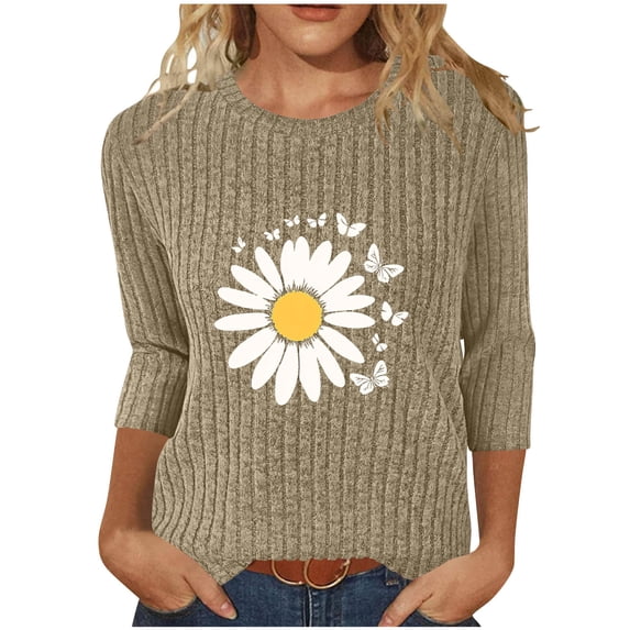 Maplenight T Shirts for Women Ribbed Knit 3/4 Sleeve Shirts Casual Crewneck Floral Graphic Tee Tops Fall Tunic Blouses