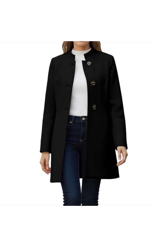 Trench Coats for Women Mock Neck Single Breasted Mid-Long Pea Coats Fall Winter Outerwear