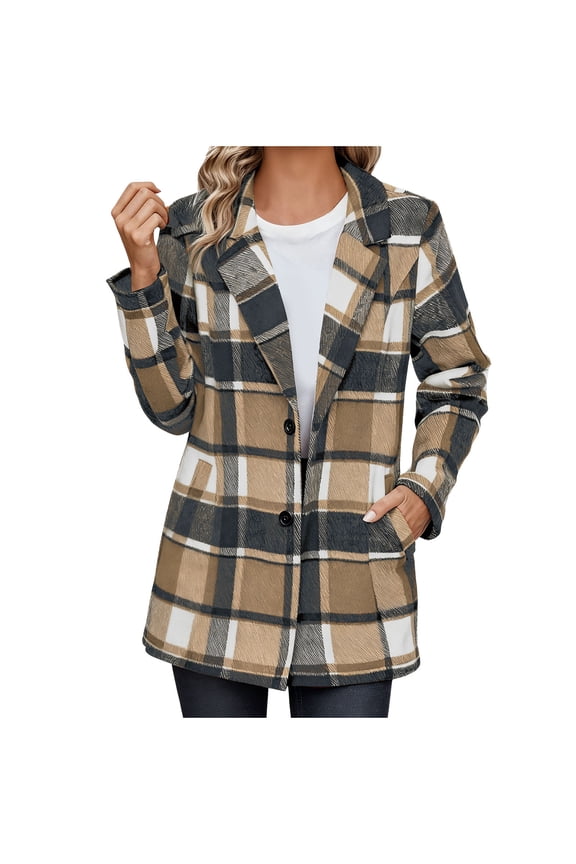 Trench Coats for Women Plaid Notched Collar Single Breasted Pea Coat Fall Winter Outerwear with Pockets
