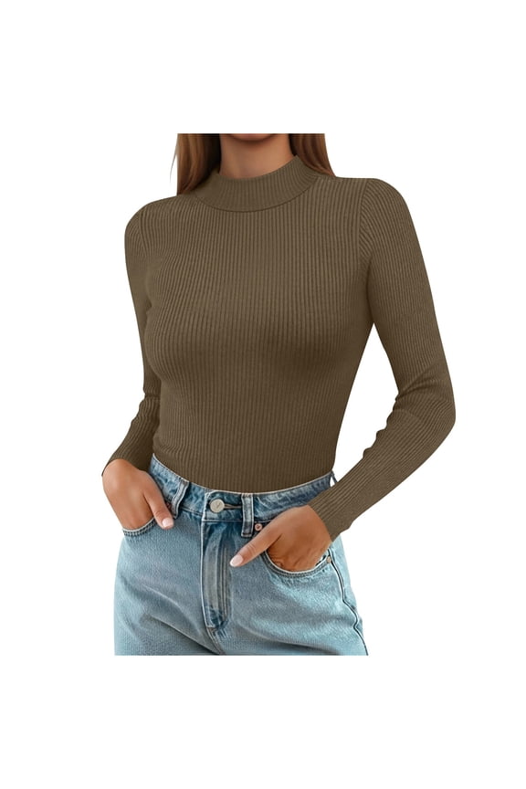 Turtleneck Tops for Women Ribbed Thermal Long Sleeve Shirts Knitted Fitted Lightweight Base Layer