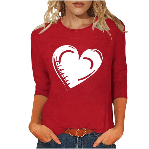 Maplenight Valentine's Day 3/4 Sleeve Shirts for Women Loose Casual Crewneck Cute Tops Funny Graphic Tees Blouse