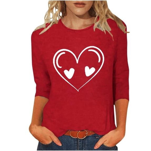Maplenight Valentine's Day 3/4 Sleeve Shirts for Women Loose Casual Crewneck Cute Tops Funny Graphic Tees Blouse