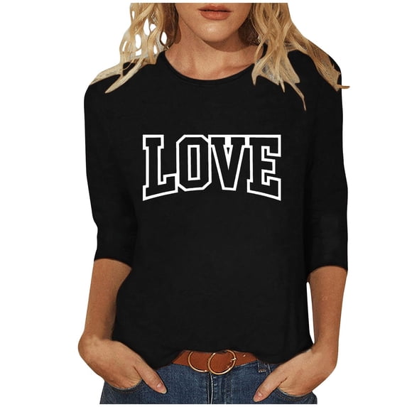 Maplenight Valentine's Day 3/4 Sleeve Shirts for Women Loose Casual Crewneck Cute Tops Funny Graphic Tees Blouse
