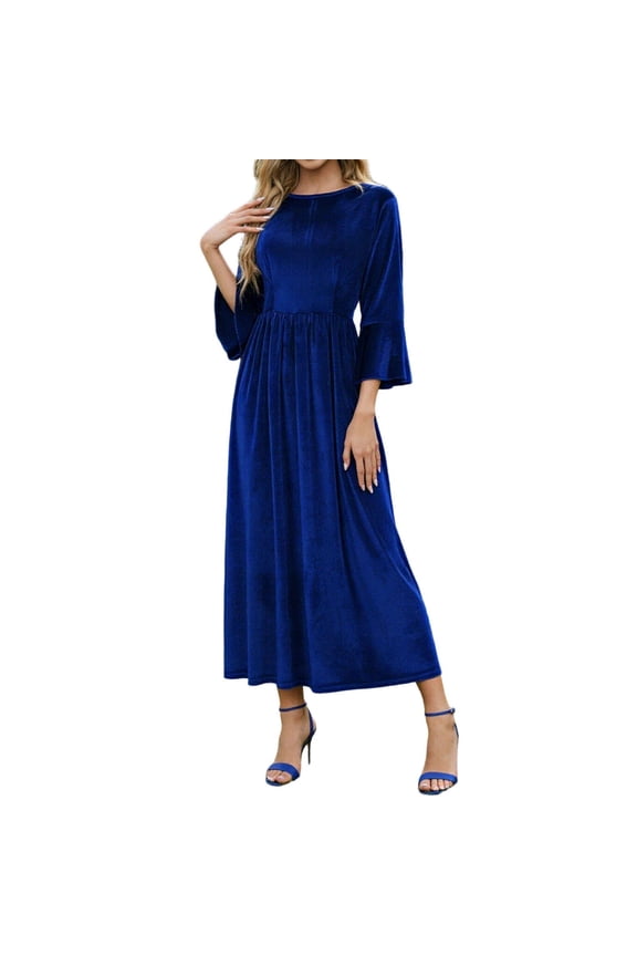 Velvet Dresses for Women Crew Neck A-line Formal Dresses Zip Ruched Holiday Cocktail Dress for Wedding Guest