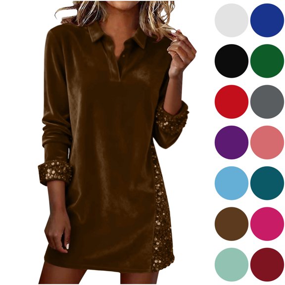 Maplenight Velvet Dresses for Women Trendy Casual Long Sleeve Button Sequin Dress Holiday Party Dresses