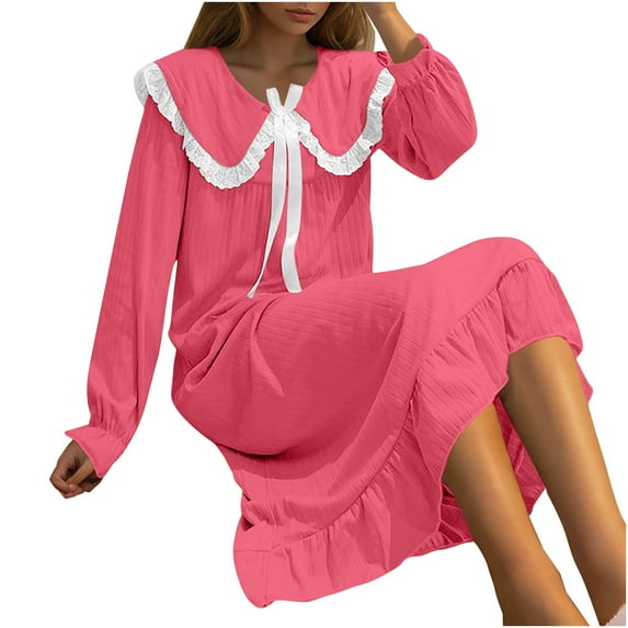 Maplenight Victorian Nightgowns for Women Doll Collar Long Sleeve Sleepwear Ruffle Hem Long Loungewear Vintage Y2k Dress