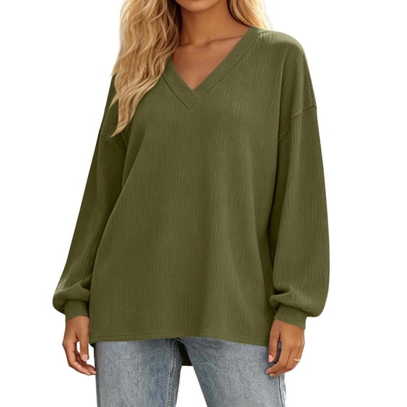 Maplenight Waffle Knit Tops for Women V Neck Long Sleeve Relaxed Fit Casual Pullover Tops for Fall Winter