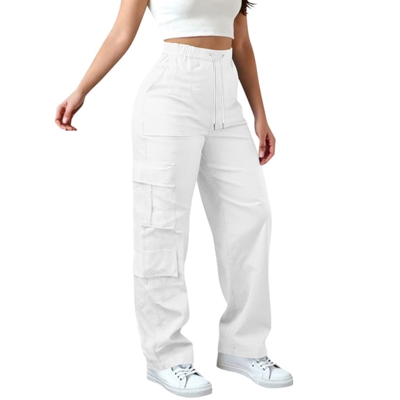 Maplenight Wide Leg Cargo Pants for Women Elastic Drawstring High Waist Pants Outdoor Hiking Camp Casual Pants with Pocket