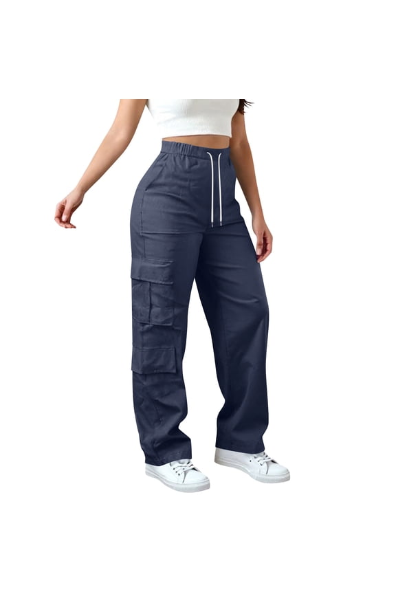 Wide Leg Cargo Pants for Women Elastic Drawstring High Waist Pants Outdoor Hiking Camp Casual Pants with Pocket