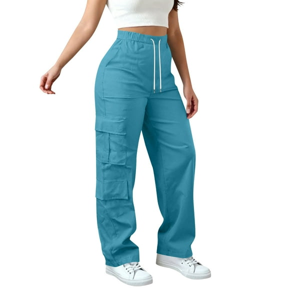 Maplenight Wide Leg Cargo Pants for Women Elastic Drawstring High Waist Pants Outdoor Hiking Camp Casual Pants with Pocket