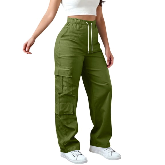 Maplenight Wide Leg Cargo Pants for Women Elastic Drawstring High Waist Pants Outdoor Hiking Camp Casual Pants with Pocket