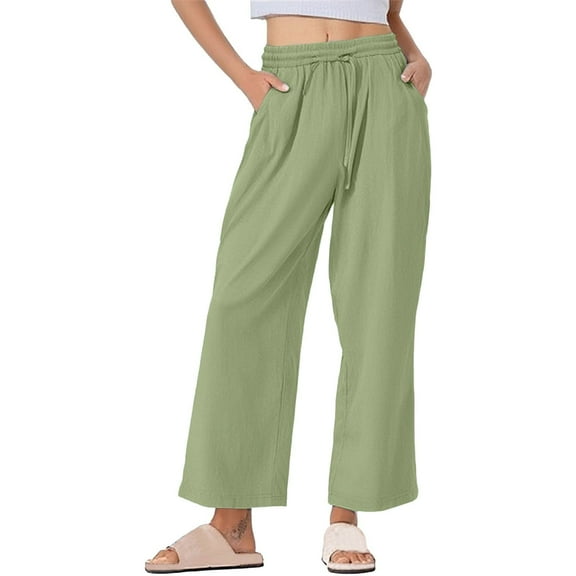 Maplenight Wide Leg Pants for Women Plus Size Drawstring Loose Cotton Linen Casual Trousers with Pockets