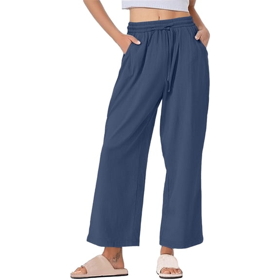 Maplenight Wide Leg Pants for Women Plus Size Drawstring Loose Cotton Linen Casual Trousers with Pockets
