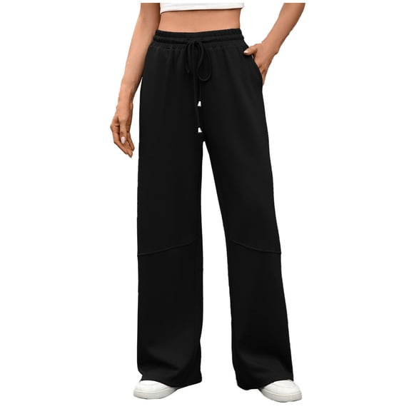 Maplenight Wide Leg Sweatpants for Women Elastic High Waist Sweat Pants with Drawstring Solid Loose Casual Pants with Pockets