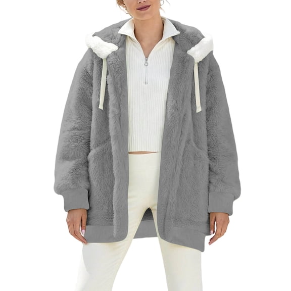 Maplenight Winter Coats for Women Warm Fuzzy Fleece Jacket Hooded Patchwork Cardigan Coat Outerwear with Pocket