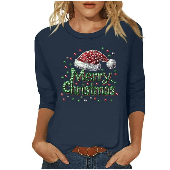 Maplenight Women Christmas 3/4 Sleeve Tee Shirts Crew Neck Cute Xmas Santa Hat Print Womens Tops Loose Fit Casual Holiday Winter Blouse