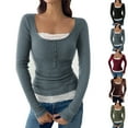 thumbnail image 1 of Maplenight Women Henley Crop Tops Scoop Neck Long Sleeve Shirts Ribbed Knit Slim Fitted Casual Going Out Tops, 1 of 5
