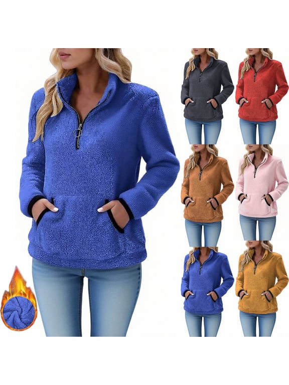 Women Sherpa Fleece Pullover Quarter Zip Long Sleeve Fluffy Soft Sweaters with Pocket Winter Thermal Clothes