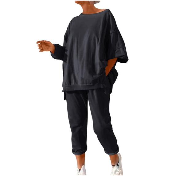 Maplenight Women's 2 Piece Outfits Fall Crew Neck Long Sleeve Lounge Sets Loose Casual Tops and Elastic Waist Pants Sweatsuit Sets