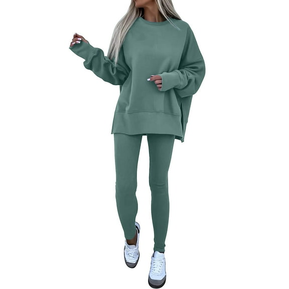 Maplenight Women's 2 Piece Outfits Fall Winter Crew Neck Long Sleeve Lounge Sets Loose Casual Tops and Slim Fit Pants Sweatsuit Sets