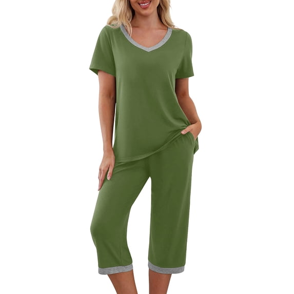 Maplenight Women's 2 Piece Pajama Set Color Block Pjs Sets V Neck Tops Capri Pants Two Piece Lounge Set Soft Sleepwear Loungewear