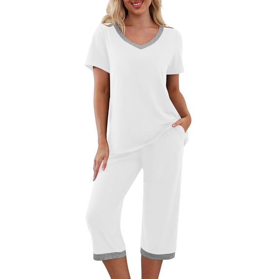 Maplenight Women's 2 Piece Pajama Set Color Block Pjs Sets V Neck Tops Capri Pants Two Piece Lounge Set Soft Sleepwear Loungewear