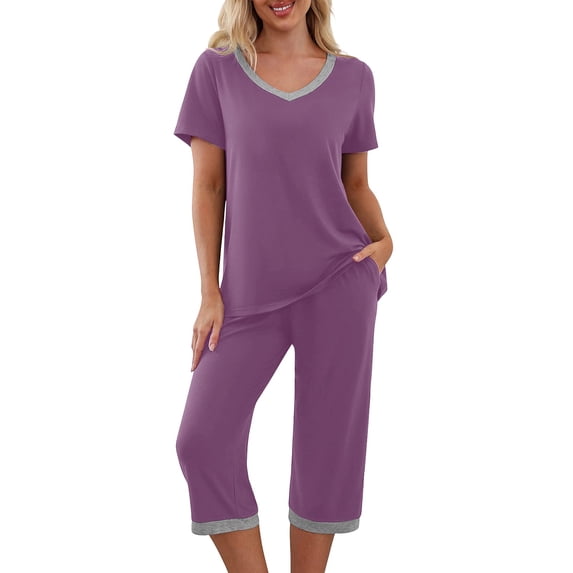 Maplenight Women's 2 Piece Pajama Set Color Block Pjs Sets V Neck Tops Capri Pants Two Piece Lounge Set Soft Sleepwear Loungewear