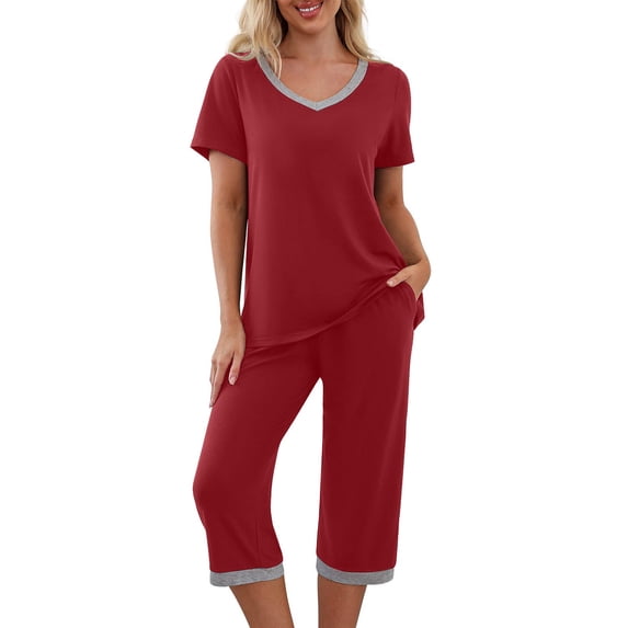 Maplenight Women's 2 Piece Pajama Set Color Block Pjs Sets V Neck Tops Capri Pants Two Piece Lounge Set Soft Sleepwear Loungewear