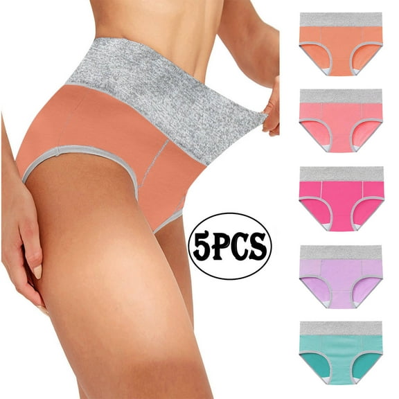 Maplenight Women's 5PC Cotton Underwear High Waist Stretch Briefs Soft Underpants Ladies Block Color Full Coverage Panties