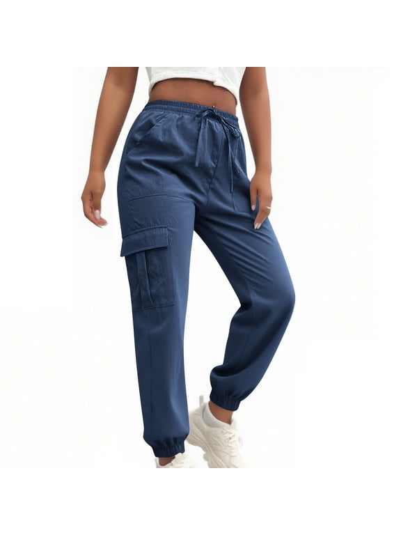 Women's Cargo Pants Elastic Waist Joggers with Drawstring Solid Loose Casual Lounge Pants with Pockets