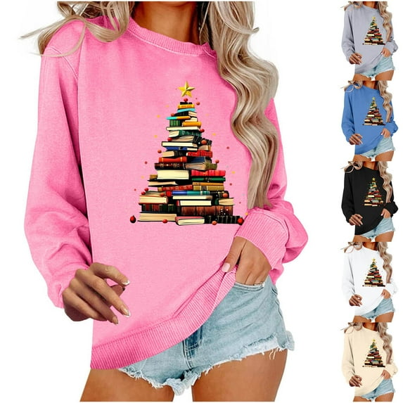 Maplenight Women's Christmas Sweatshirt Xmas Graphic Printed Crew Neck Pullover Sweatshirts Holiday Vacation Long Sleeve Shirts
