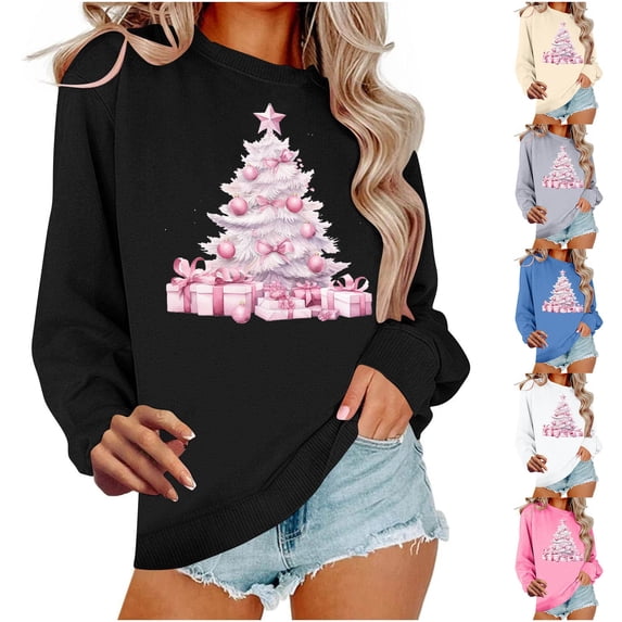 Maplenight Women's Christmas Sweatshirt Xmas Graphic Printed Crew Neck Pullover Sweatshirts Holiday Vacation Long Sleeve Shirts