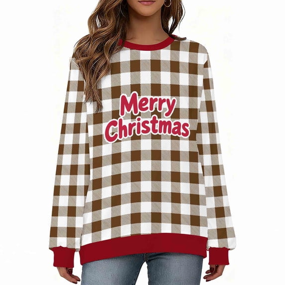 Maplenight Women's Christmas Sweatshirts Letter Printed Plaid Crew Neck Sweatshirt Long Sleeve Regular Fit Casual Pullover Womens Tops