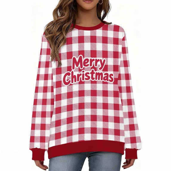 Maplenight Women's Christmas Sweatshirts Letter Printed Plaid Crew Neck Sweatshirt Long Sleeve Regular Fit Casual Pullover Womens Tops