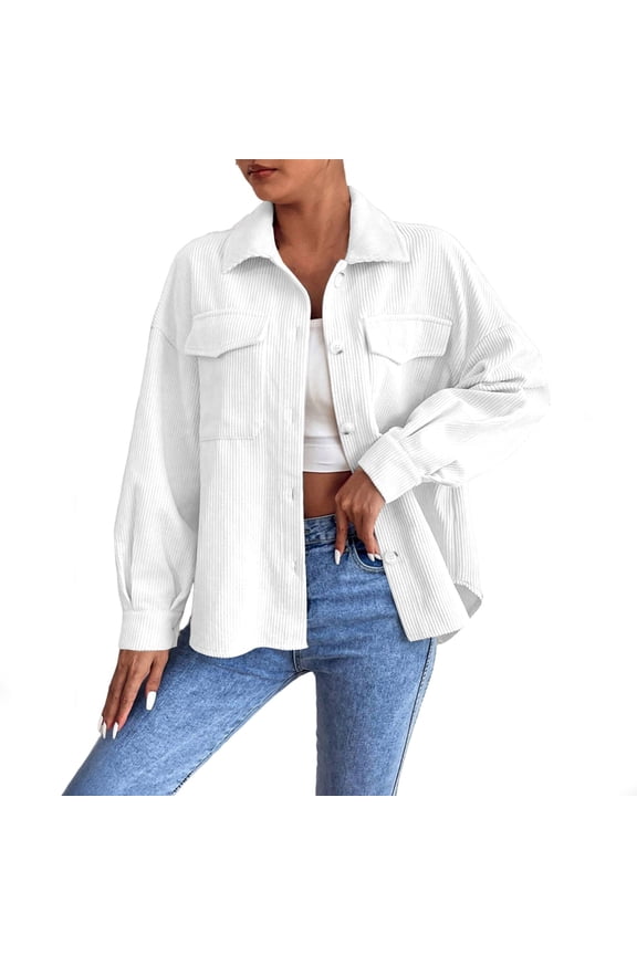 Women's Corduroy Shackets Casual Lapel Long Sleeve Tops Button Down Fall Jackets with Pockets