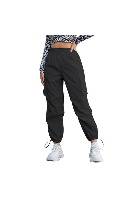 Women's Elastic Waist Cargo Pants with Side Pockets Adjustable Drawstring Ankle Straight Leg for Outdoor Activities Casual Wear