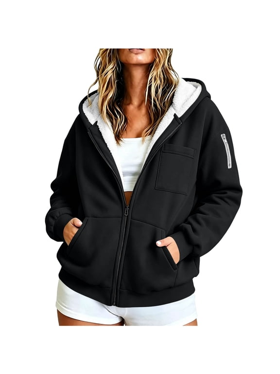 Women's Fleece Jacket Plus Size Zip Up Hooded Coat Warm Fall Winter Casual Vacation Travel Jackets with Pockets