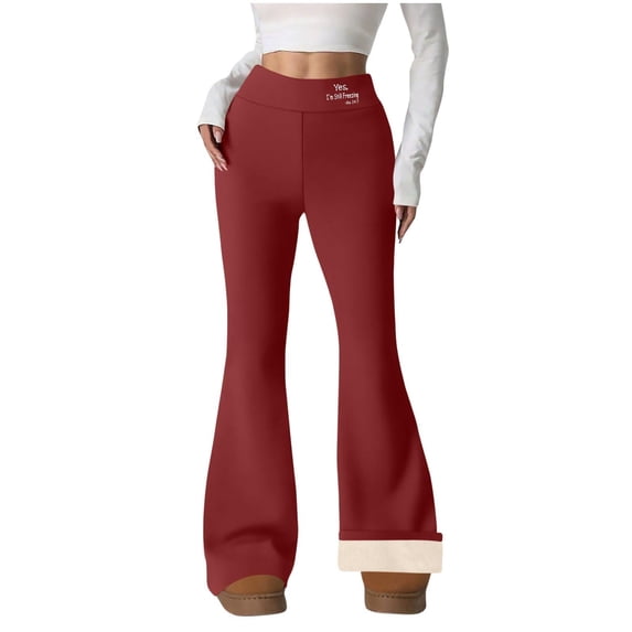 Maplenight Women's Fleece Pants Letter Print Bootcut Yoga Pants Thermal Winter Pants High Waisted Flare Leggings