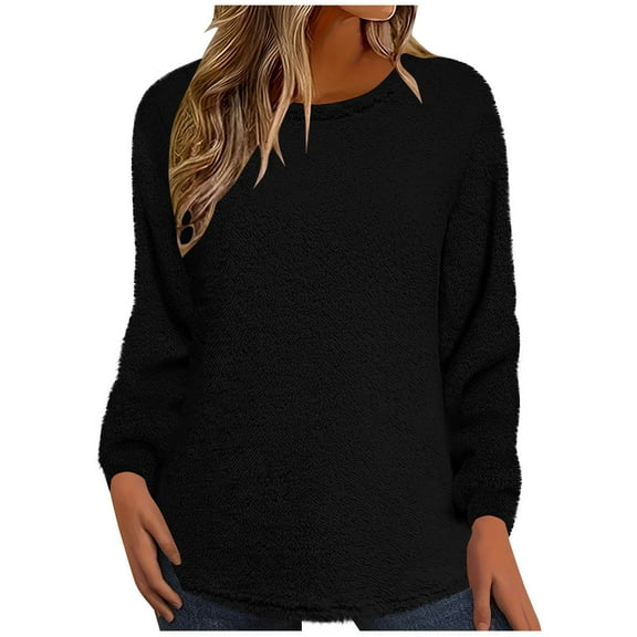 Maplenight Women's Fuzzy Sherpa Sweaters Casual Long Sleeve Crew Neck Pullover Tops Solid Warm Loose Fall Fashion Outfit